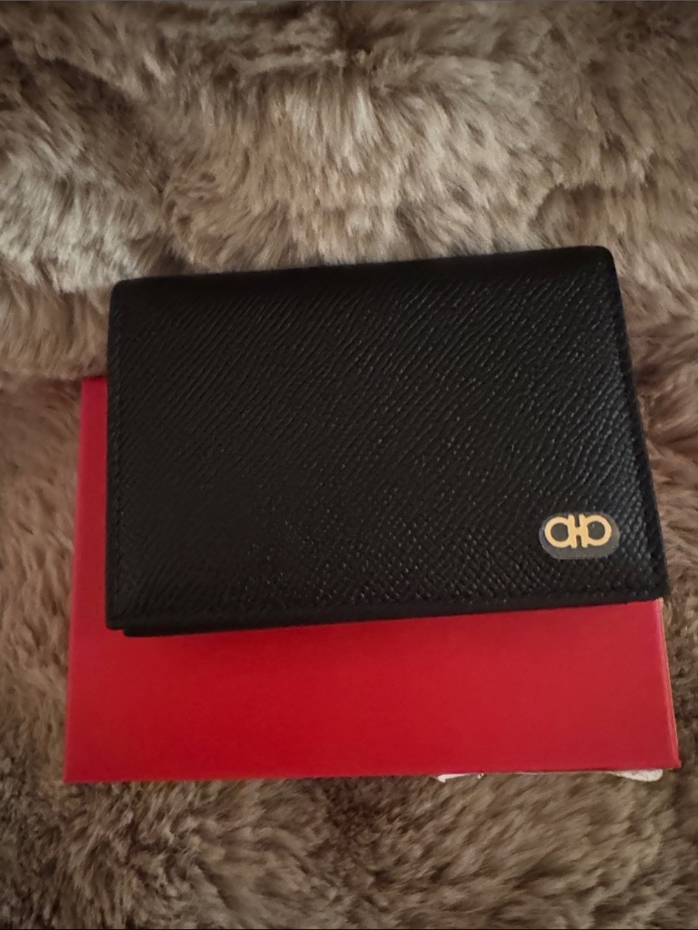 Salvatore Ferragamo Black Leather Card & Key Holder with Gold Gancini Accent